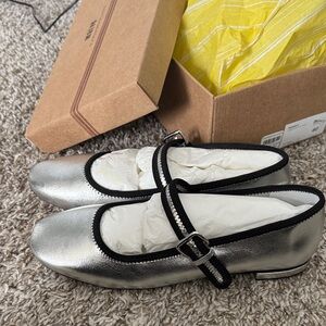 Maeve Metallic Silver Flats with Black Accents